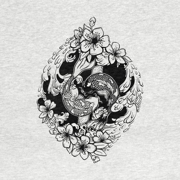 Yin Yang Koi fish in wave and sakura flowers by mituturi